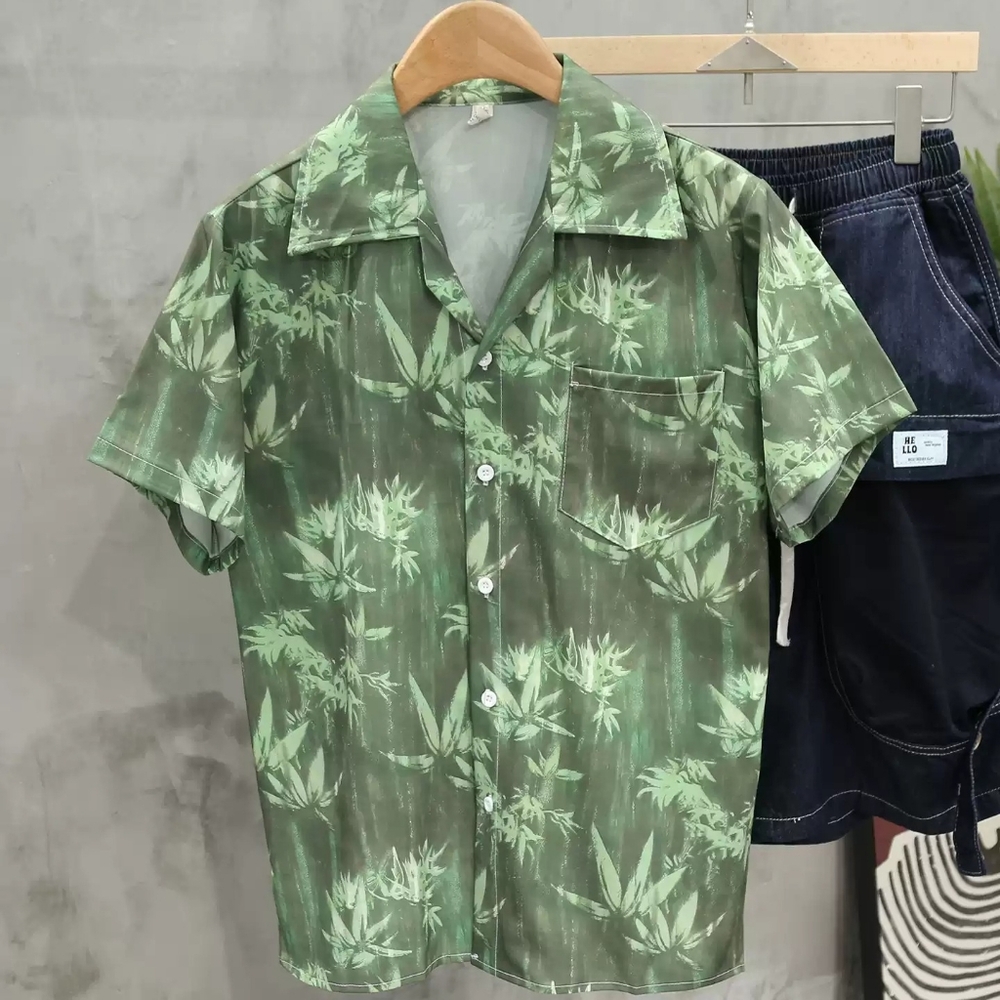 Green Bamboo Print Aloha Shirt